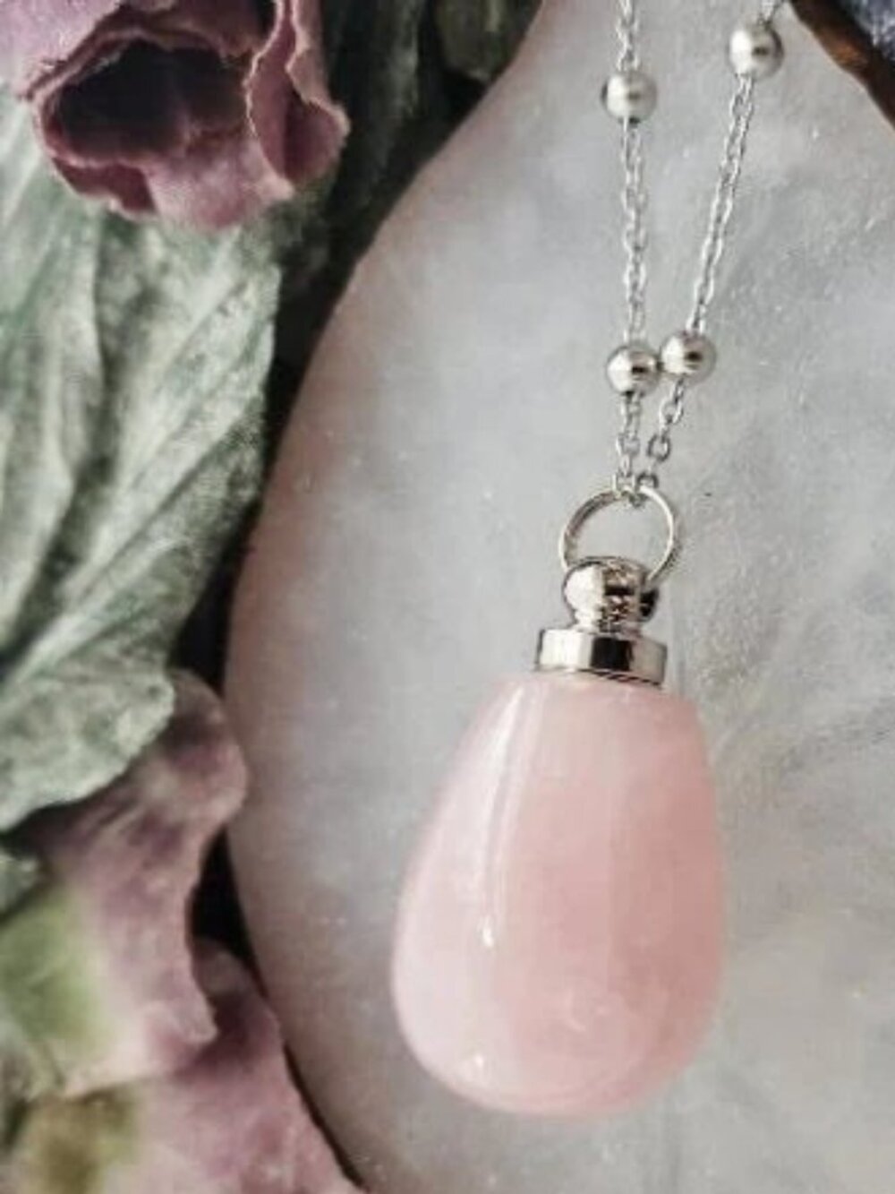 Quartz Crystal Necklace Perfume Vial Refillable Pink Stone Locket Keepsake